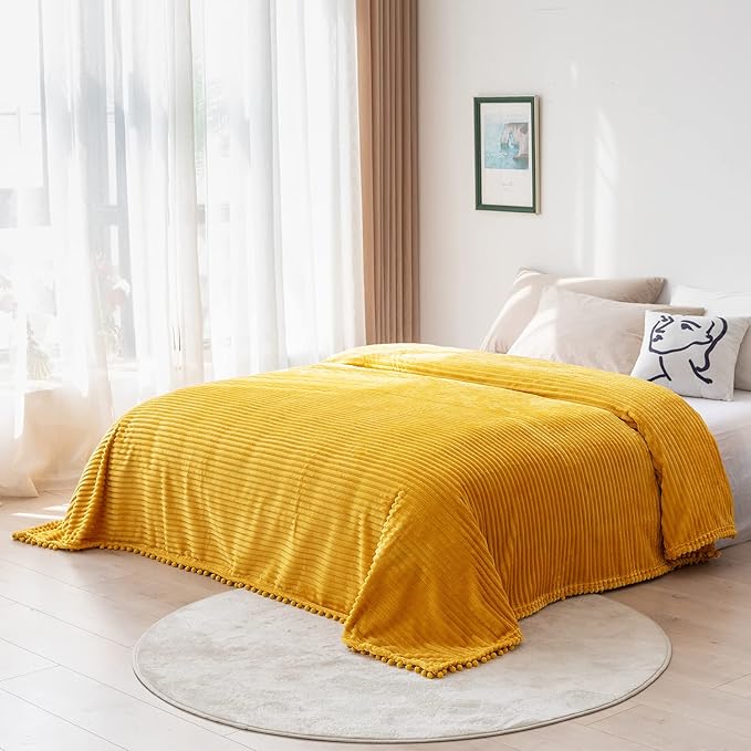 DISSA Fleece Blanket Queen Size – 71x80, Yellow - Soft, Plush, Fluffy, Fuzzy, Warm, Cozy – Perfect Throw for Couch, Bed, Sofa - with Pompom Fringe - Flannel Blanket