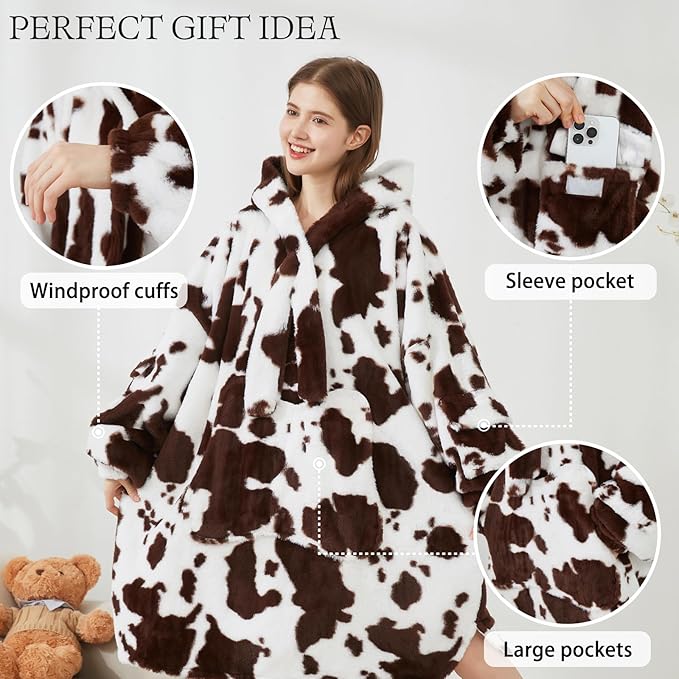 Softan Blanket Hoodie, Oversized Fleece Wearable Blankets for Women and Men Gifts, Cozy Warm and Soft Sweatshirt Blanket with Large Pocket, Brown Cow Print