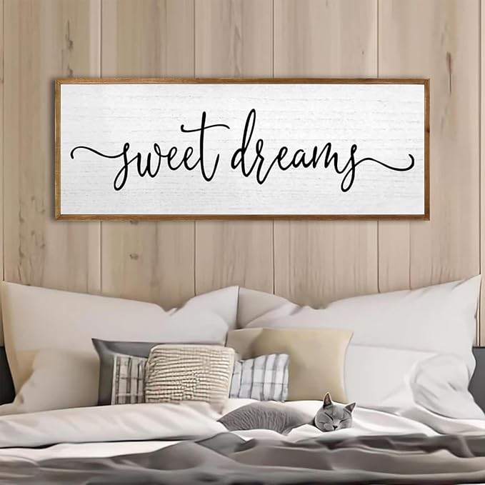 Sweet Dreams Wall Decor Above Bed Sign 40''×15'' Large Wood Framed Master Bedroom Guest Room Sweet Dreams Signs Farmhouse Rustic Wall Art Decoration (Wood)