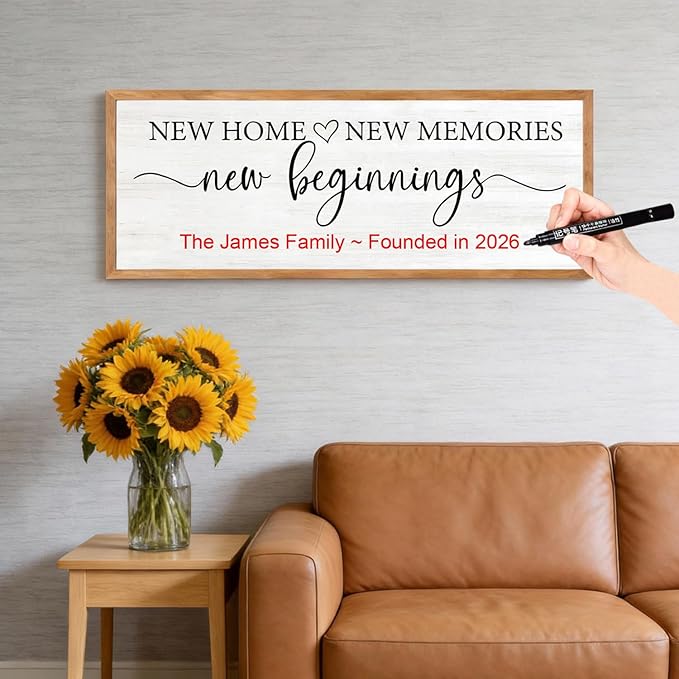 New Home, New Memories, New Beginnings Wall Decor Sign – 32x12 Inch Framed Wooden Sign with Writable Family Name & Year Space, Rustic Farmhouse Housewarming Gift for New Home, Entryway, Living Room, Natural