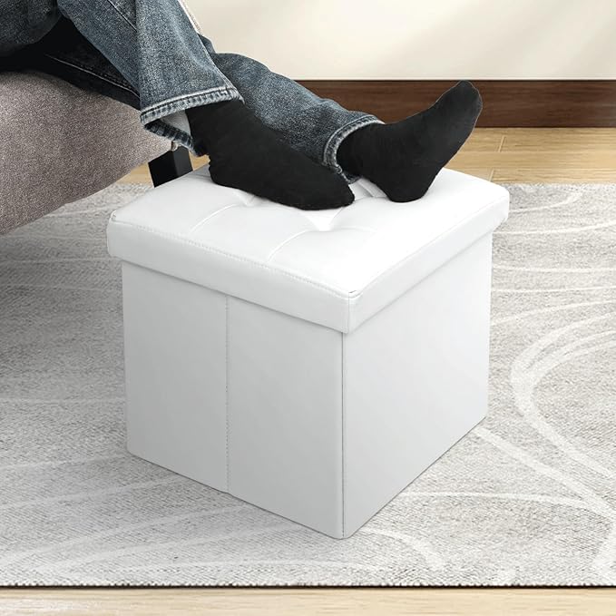 MoNiBloom 15 Inch Storage Ottoman Cube, 11 Gal. Folding Ottoman Foot Rest Stool, PU Leather Small Footrest with Storage for Living Room, Bedroom, Entryway, Hallway, White