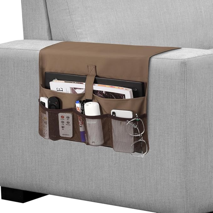 WOMACO Sofa Armrest Remote Magazine Holder, Non-Slip Armchair Recliner Caddy, Couch Arms TV Remote Control Organizer for Tablet, Phone, iPad, Laptop (Brown, 16" x 35" - 2 Pack)