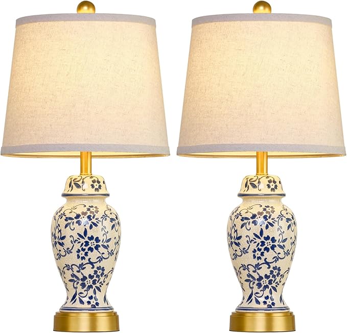 RORIANO Chinoiserie Ceramic Table Lamps Set of 2 for Living Room Bedroom Bedside, Traditional Blue Porcelain Classic Table Lamp for Nightstand Entryway, 2 LED Bulbs Included (Gold)