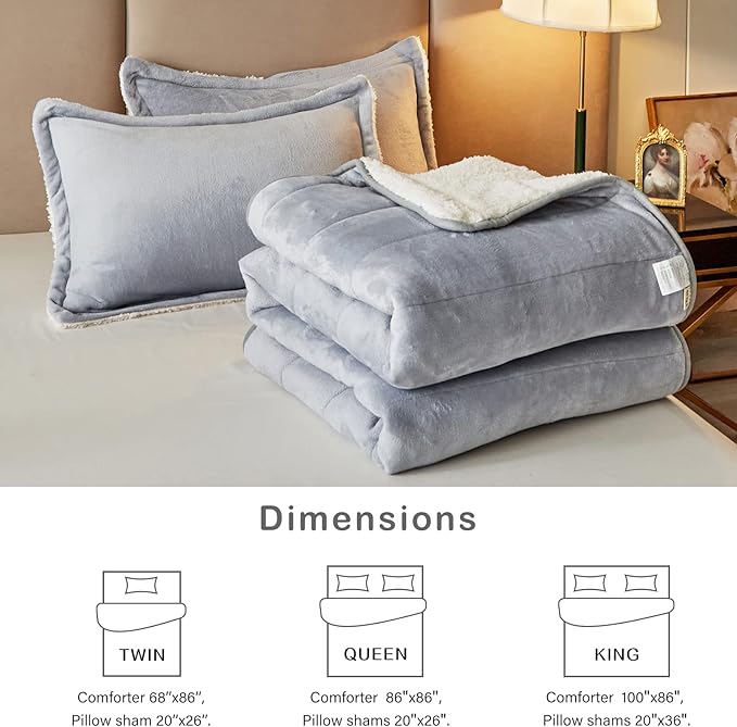 3-Layer Luxury Flannel Fleece Thick Bed Blanket King Size, Soft Plush Velvet Sherpa Blanket with 2 Pillow Shams Heavy Warm for Winter, Breathable n Washable, Gray