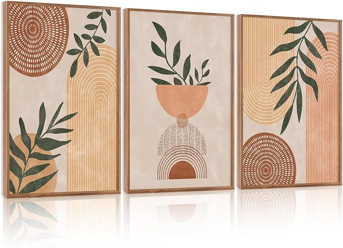 CHDITB Boho Geometric Framed Canvas Wall Art Set Of 3, Modern Minimalist Wall Decor, Bohemia Sage Leaves Painting, Mid Century Office Art Prints For Living Room, Bedroom Decor(12X16 Inch)
