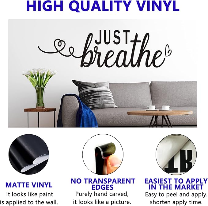 Wall Decals for Living Room, Inspirational Wall Stickers, (Easy to Install), Art Decor Vinyl Quotes Yoga Bathroom Bedroom Office Motivational Meditation Positive Home Sign Family, Just Breathe 25"X7"