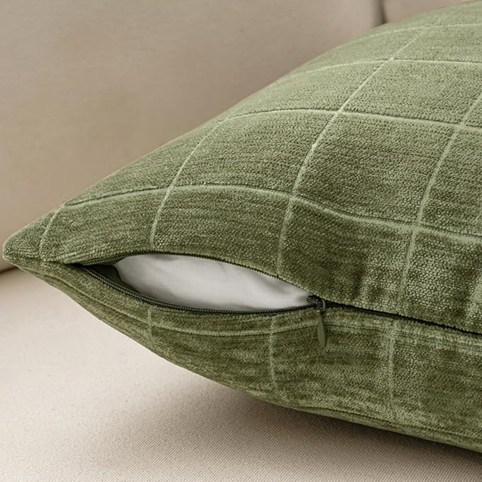 MIULEE Decorative Chenille Check Throw Pillow Covers Vintage Plaid Couch Pillows 20x20 Inch Set of 2 Neutral Boho Farmhouse Cushion Covers Modern Spring Decor for Sofa Bed Living Room Sage Green