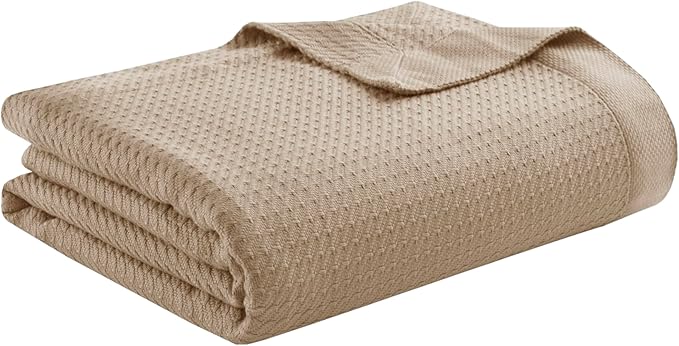 Madison Park 100% Egyptian Cotton Lightweight Summer Blanket, Breathable Waffle Knit Design, Soft Cozy All-Season Throw for Bed, Couch or Sofa, Khaki Full/Queen Size (90"x90")