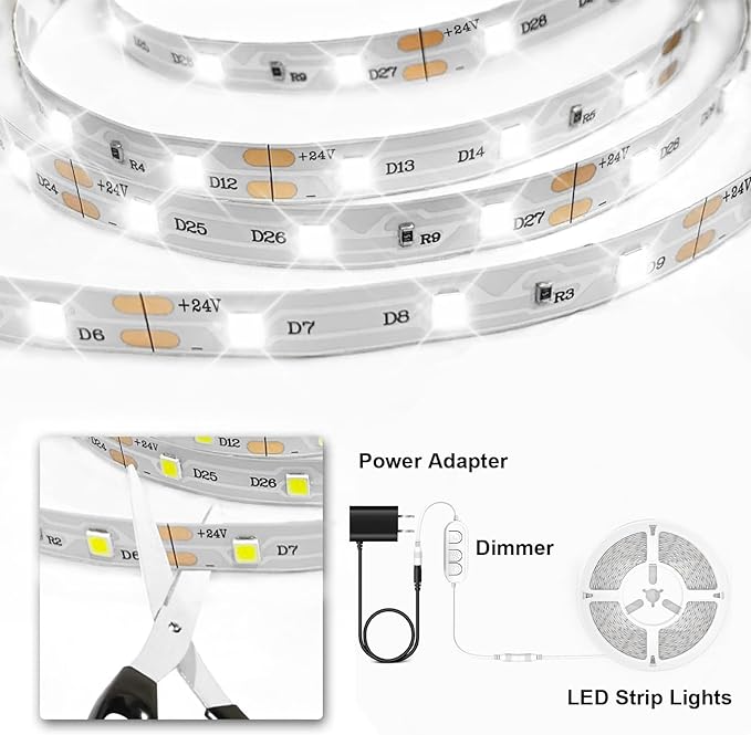 phopollo White LED Strip Lights, 25ft Dimmable 6500k Daylight White Led Light Strip, 460 LEDs Flexible Led Lights for Bedroom, Mirror, Kitchen Decoration