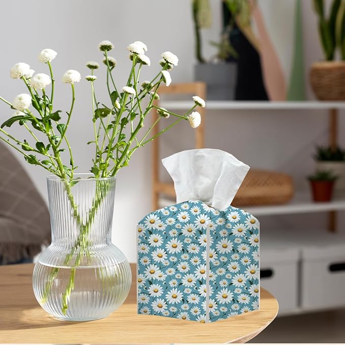 Tissue Box Cover, Tissue Box Holder, Square with Belt Bottom, PU Leather Decorative Organizer for Desk, Tabletop, Countertop Bathroom, Toilet Car, Bedside, Dresser Kitchen, Aesthetic Blue Flower Decor