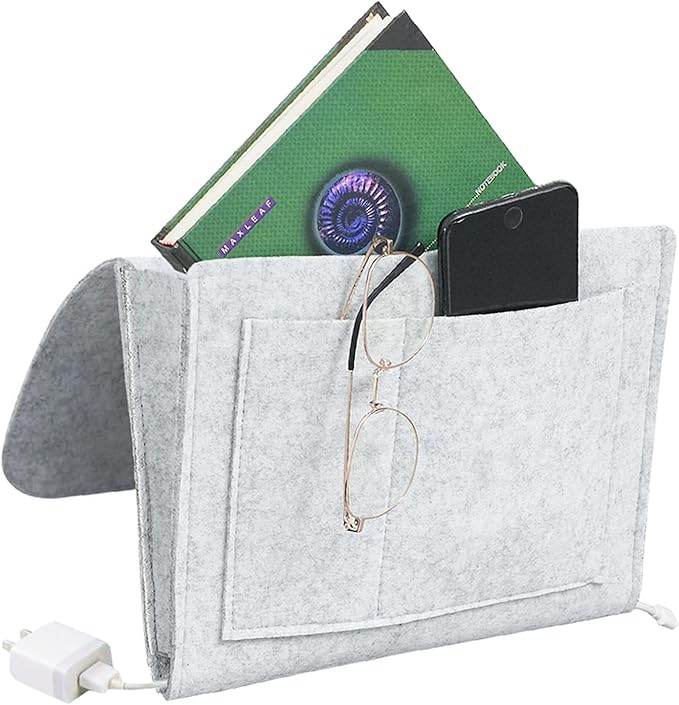Felt Bedside Caddy,Bed Side Pocket Storage Organizer Bag with 5 Pockets and Charging Hole for Home Bedroom, Living Room (2PCS/Grey)
