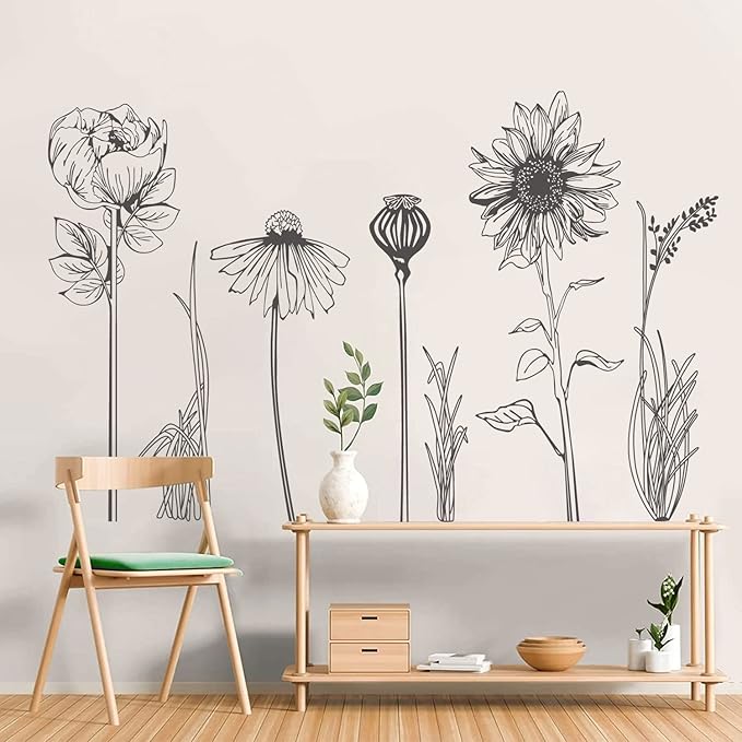 Black Simple Flower Plant Wall Decals, 2 Sheets Large Boho Floral Modern Wall Stickers Peel Stick Sketch Wildflower Wallpaper Art Decor for Bedroom Living Room Office Gifts for Mom(11.8x35.4 in/Sheet)