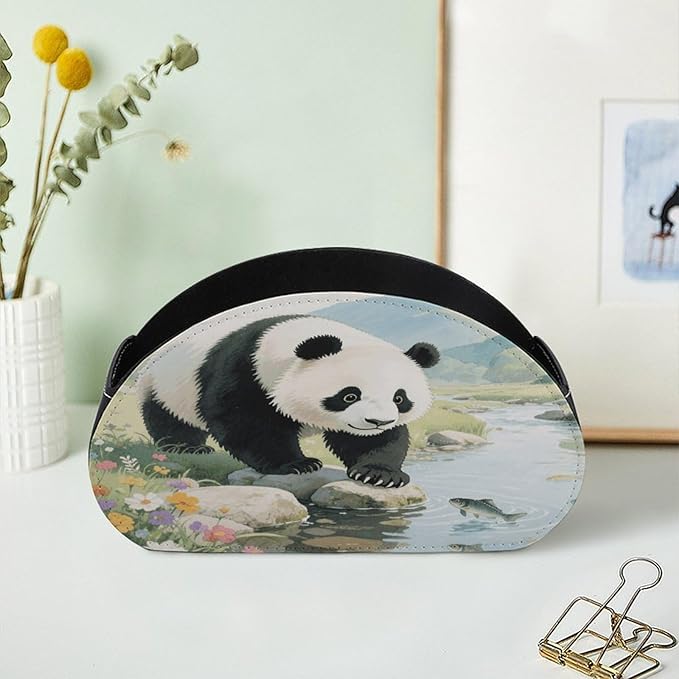 Panda Playful Fish Remote Control Holder Organizer Box with 5 Compartment PU Leather Bedside Storage Caddy Remote Organizer for Controller Media Player Pen/Pencil Storage