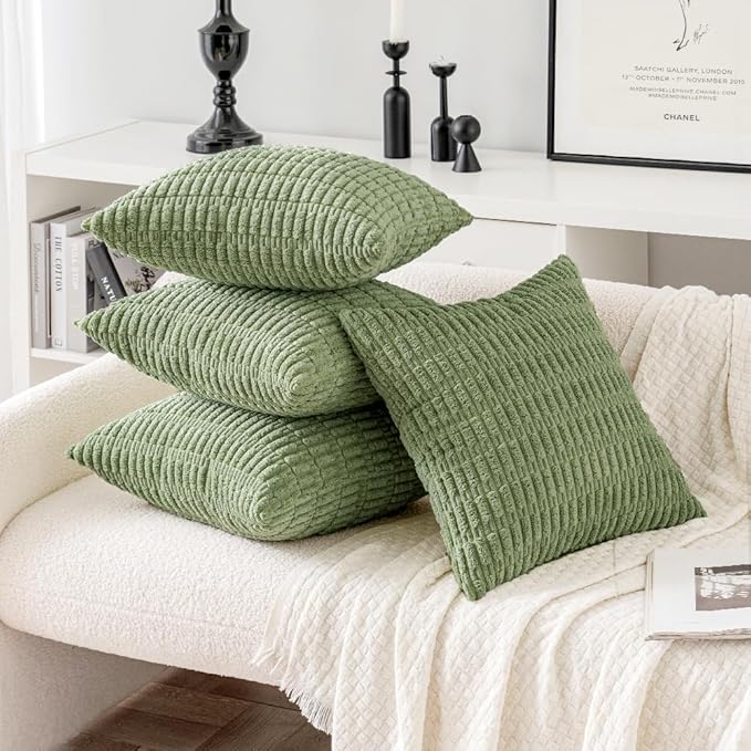 MIULEE Pack of 4 Sage Green Corduroy Decorative Spring Throw Pillow Covers 18x18 Inch Soft Boho Striped Pillow Covers Modern Farmhouse Home Decor for Sofa Living Room Couch Bed