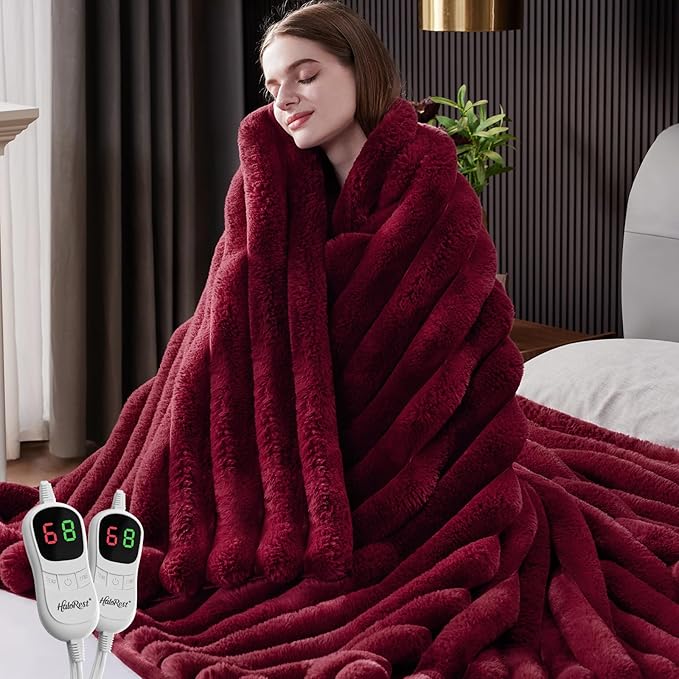 Heated Throw Blanket, Faux Fur Cozy Heating Blanket with Overheat Protection, 1/2/4/6/8 Hours Auto-Off 10 Heat Level, Machine Washable (84x90 Inches, Red)