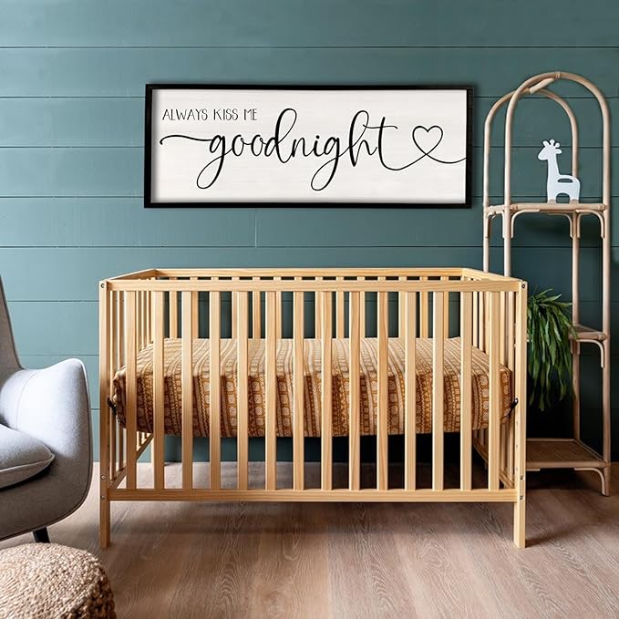 flowtorely Master Bedroom Above Bed Wall Decor 40''×15'' Always Kiss Me Goodnight Sign Rustic Farmhouse Couples Over Bed Romantic Modern Large Wood Frame Wall Hanging Prints Art (Black)