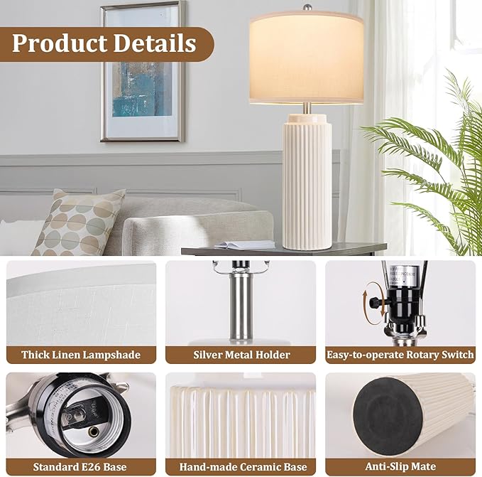 TOBUSA 28’’ Farmhouse Ceramic Table Lamps Set of 2 for Living Room, Cream Vintage Bedside Table Lamps with White Linen Shade, Rustic Nightstand Lamps for Bedroom Home Office End Table Dorm