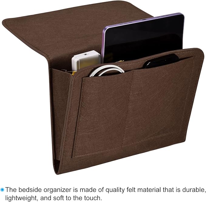 PATIKIL 11in Bedside Caddy, Bed Caddy Bedside Organizer Hanging Soft Felt 5 Pockets Bed Pockets Bedside Storage Organizer Remote Control Holder for Bedroom Phones Glasses, Brown