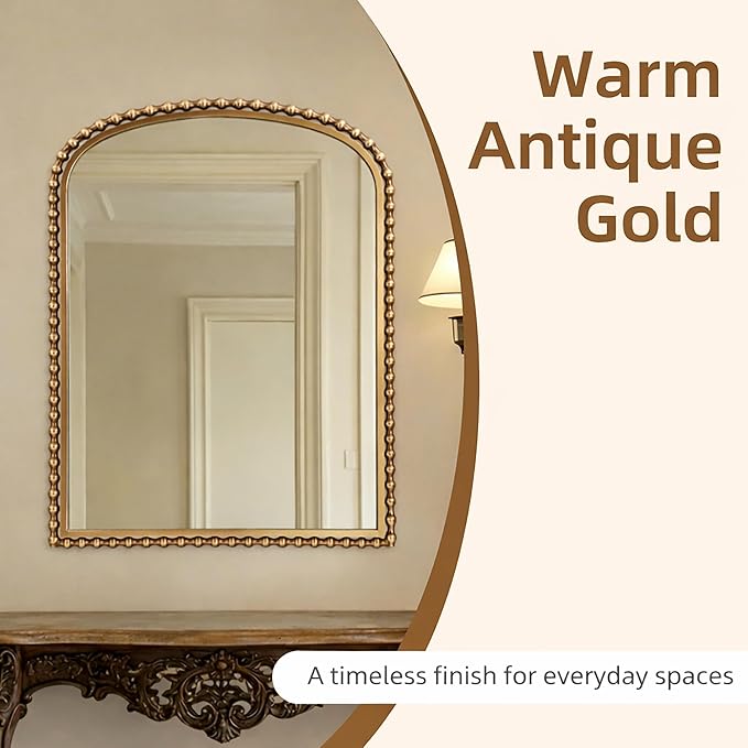 30x40 Inch Arched Wall Mirror, Antique Gold Beaded Metal Frame, Large Vertical Wall Mirror for Entryway, Bedroom or Hallway, Decorative Wall Mounted Mirror