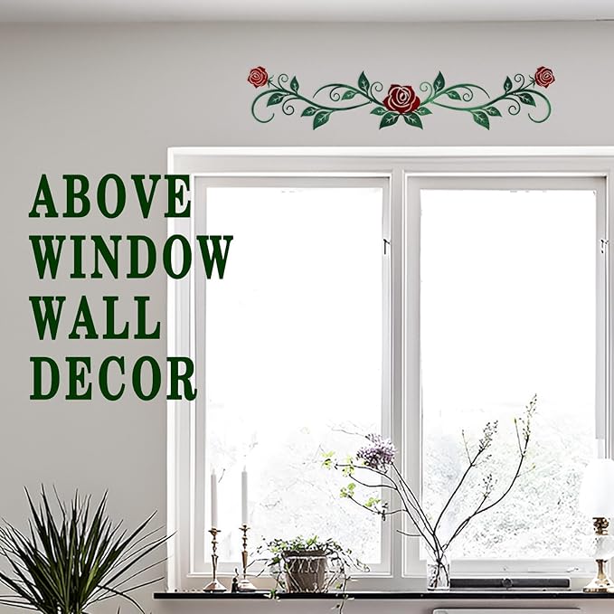 AHYS Metal Flowers Wall Decor Rustic Flat Rose Vine Wall Art for Farmhouse Home Living Room Bedroom for Above Door /Bed /Windows Decor (Green & Red) - 29x6.3 Inches