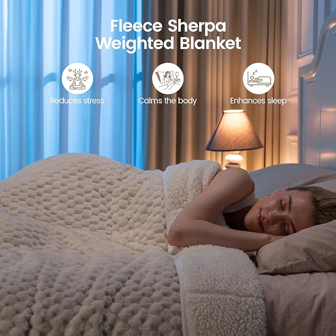 Super Fuzzy Soft Fleece Sherpa Weighted Blanket 15 lbs for Adults, 3D Imitation Turtle Shell Luxury Weighted Throw for Better Sleep, Dual Sided Cozy Blankets for Couch Bed, Cream White, 60" x 80"