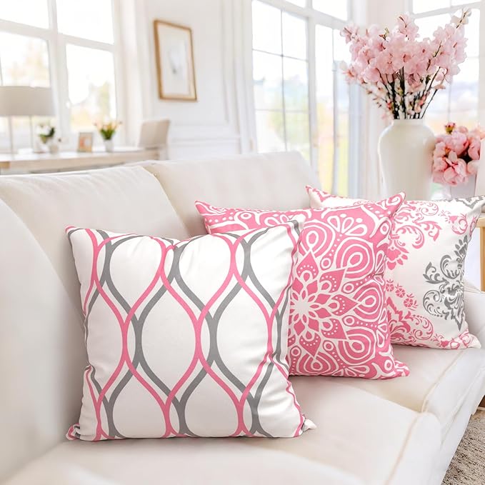 Coliuso Decorative Throw Pillow Covers 20x20 Set of 4,Pink and White Modern Simple Square Pillow Case Cushion Cover for Sofa Couch Farmhouse Living Room