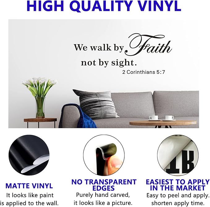 VODOE Wall Stickers for Living Room, Scripture Wall Decals, Quotes Prayer Jesus Life Saying Word Sign Letters Hallway House Poster Home Art Decor Vinyl Stickers We Walk by Faith Not by Sight 32"X12.5"