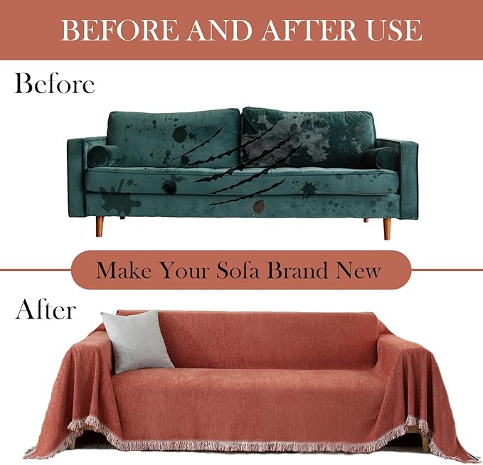 HANDONTIME Chenille Couch Covers Sofa Cover for Dogs Terracotta Sectional with Tassel Protector Loveseat Furniture 3 Cushion Couch, 71'' X118'', Tassel:terracotta, Large:71''x 118''