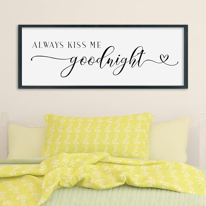 SRSZHIYUE Romantic Always Kiss Me Goodnight Sign Wall Decor 40"×15" for Love Theme Master Bedroom Above Bed Simple Modern Farmhouse Large Wood Framed Wall Horizontal Art Hanging (Black)
