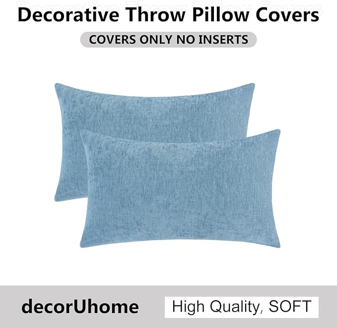 decorUhome Chenille Grey Blue Throw Pillow Covers 12x20 Inch Set of 2, Decorative Soft Couch Pillow Covers Solid Dyed Accent Farmhouse Neutral Rectangle Pillow Cases for Sofa