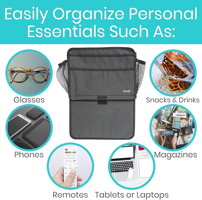 Vive Bedside Caddy - Bed Hanging Organizer - Storage Bag Shelf for College Dorm, Bedroom, Couch, Bunk - 8 Large Pockets with Charger Slots for Men and Women - Slides Under Mattress - Handle for Travel