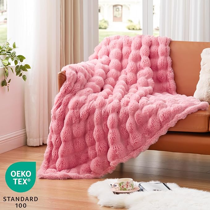 EXQ Home Fluffy Faux Rabbit Fur Throw Blanket for Couch, Soft Luxury Bubble Double Sided Plush Blanket, Cozy Thick Warm Fuzzy Decorative Blanket for Bed Chair Sofa Living Room,50"X60"(Dark Pink)