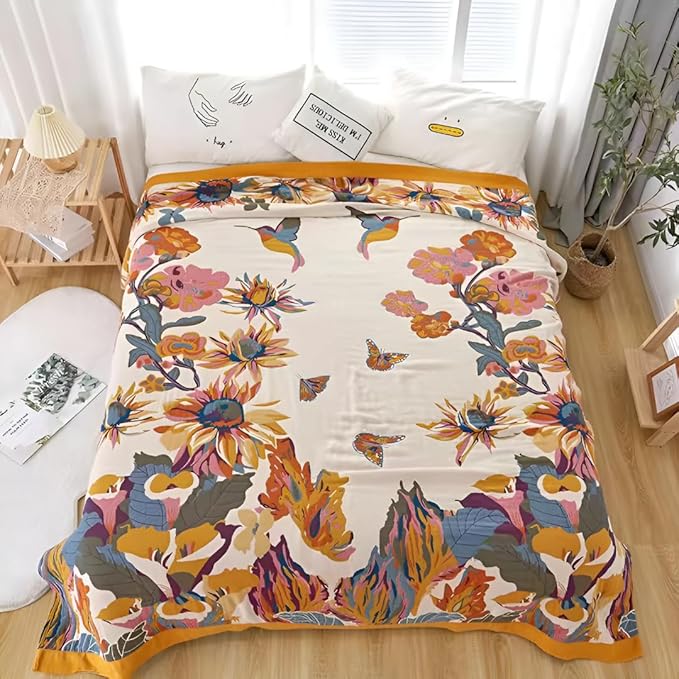 Boho Blanket for Bed 100% Cotton Bohemian Throw Blankets Ultra Soft Woven Muslin Decorative Blankets All Seasons Vintage Quilt Knitted Blanket for Sofa Chair (Colorful, 90"x98")