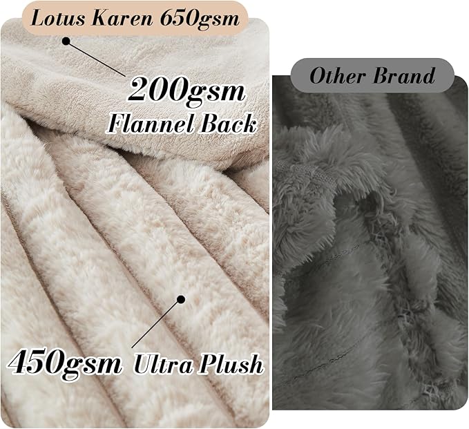 Lotus Karen Faux Fur Throw Blanket - Stripe Faux Rabbit Fur Blanket for Couch, Cozy Soft Fluffy Fuzzy Blanket, Warm Thick Furry Plush Shaggy Small Blankets for Women, Linen,50x60 Inches