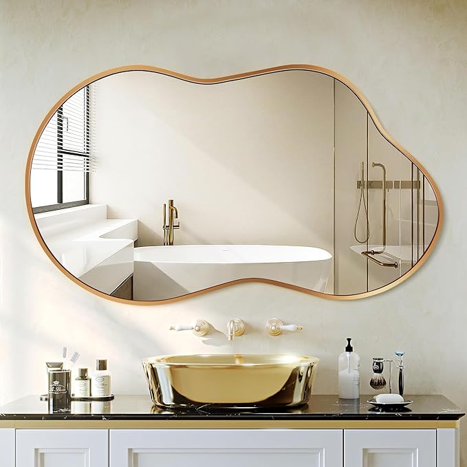 Bathroom Mirror - Gold Irregular Wall Mirrors Decorative 26"x46" Asymmetrical Tempered Glass Aviation Aluminum Alloy Frame for Vanity, Bedroom, Living Room, Cloakroom, Entryway