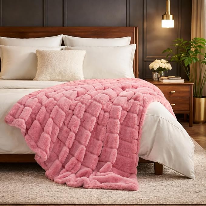 Cozy Bliss Faux Fur Throw Blanket for Couch, Cozy Warm Plush Striped Blanket for Sofa Bedroom Living Room, 50 * 60 Inches Pink