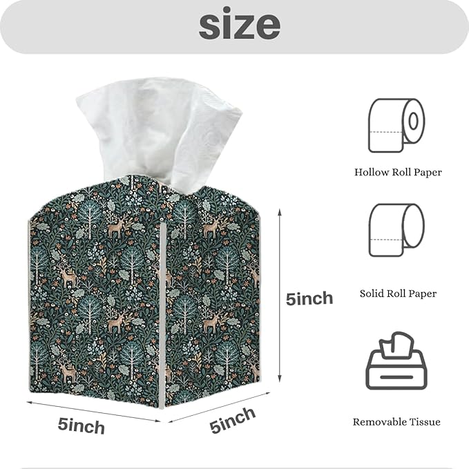 Tissue Box Cover, Tissue Box Holder, Square with Belt Bottom, PU Leather Decorative Organizer for Desk, Tabletop, Countertop Bathroom, Toilet, Car, Bedside, Dresser Kitchen, Deer Deep Forest Decor