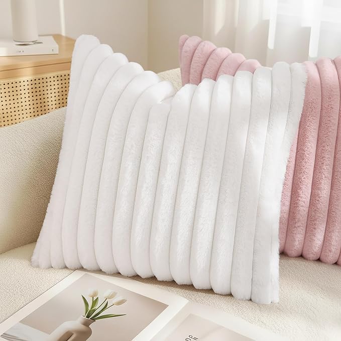 decorUhome Summer Cozy Faux Fur Throw Pillow Covers 26x26 Set of 2 Decorative Soft Plush Striped Modern Farmhouse Boho Couch Euro Sham Pillow Cases with Velvet Back for Sofa Bed Living Room, White