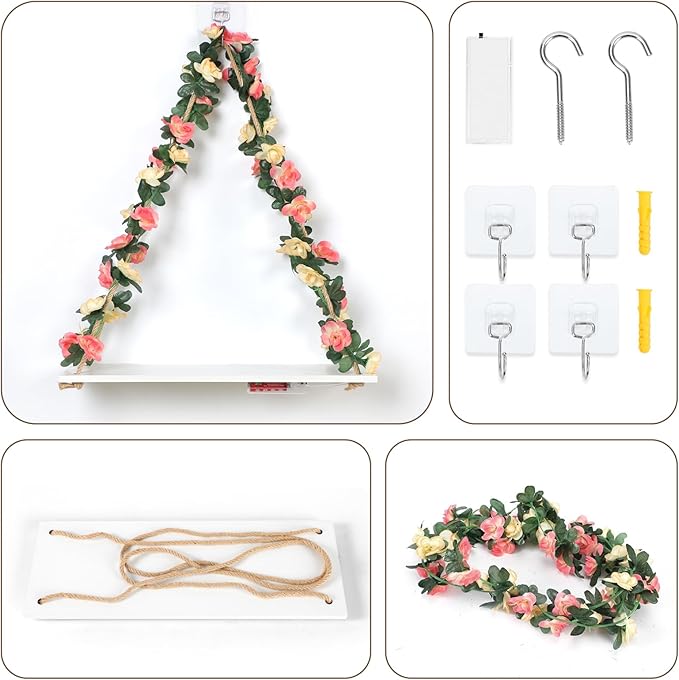 EXIN DECHEN Floating Shelves for Wall No Drilling,Wall Shelves,Hanging Shelf,Leaves and Light Strip with Flower,Set of 2 Plant Decor for Home Livingroom Bedroom,Led Room Decor Aesthetic,Gift