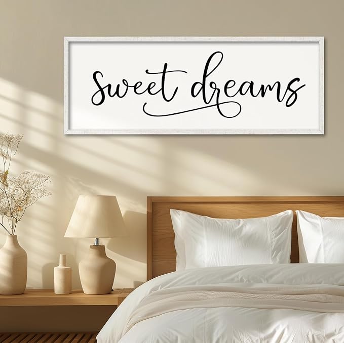 YWJKWLGS Sweet Dreams Wall Decor Sign 40x15 Inch Handwritten Art for Bedroom & Kids Room 40x15 Inch Above Over Bed Rustic Modern Farmhouse Large Wooden Framed Wall Hanging Art (White)