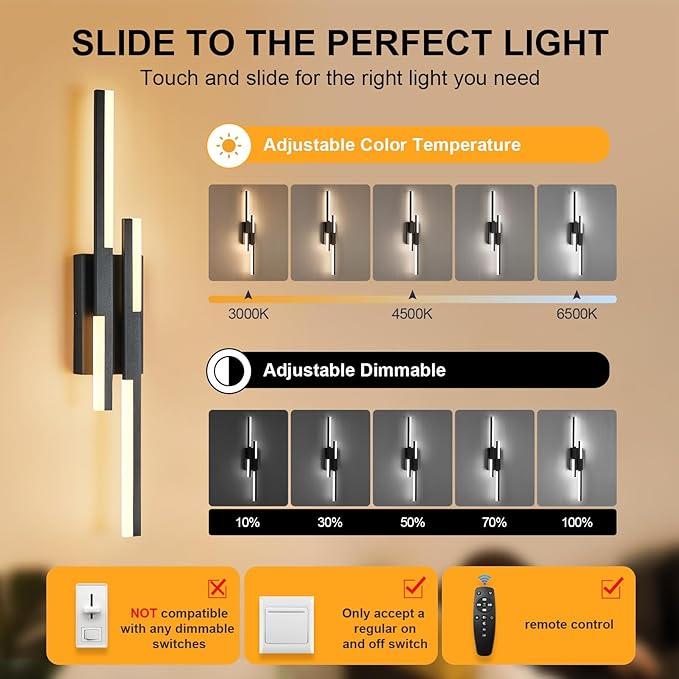 Modern LED Vanity Lights Set of 2, Black Wall Sconce with Remote Control Dimmable Indoor Wall Light Bedside Remote Sconce for Bedroom Bathroom Living Dining Room (27.6inch 2 Pack)