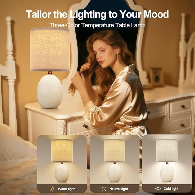 18.5" Table Lamp Set of 2 for Living Room Bedroom, Bedside Lamps for Night Stands, Desk Nightstand Lamp Dimmable, Modern Linen Cream Ceramic Lamps (White-B)