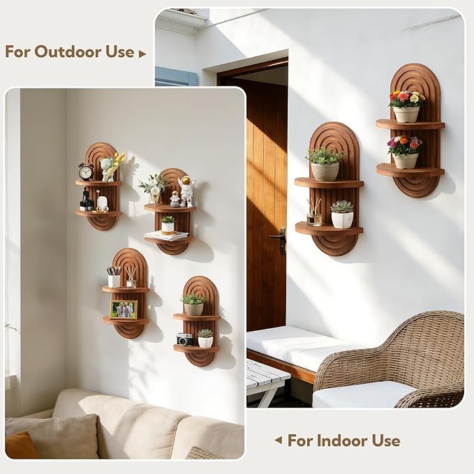 4 Pack Boho Wall Decorative Wall Shelf - Solid Wood Water Ripple Floating Shelves for Bedroom Indoor Decoration Holding Planter Ornaments, 15.6 x 8.66 Inch (Walnut)