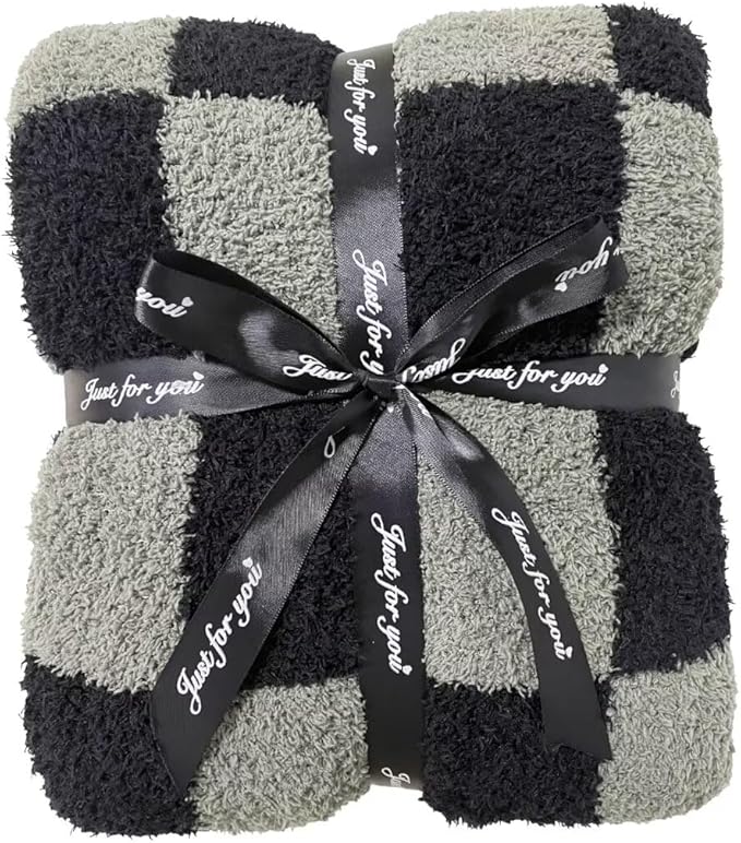 Soft Checkered Throw Blanket, Ultra Cozy Knit Throw Blanket Fluffy Fuzzy Reversible Checkerboard Blanket for Travel Couch Sofa Bed Decor, 51x63 inches, Black Grey