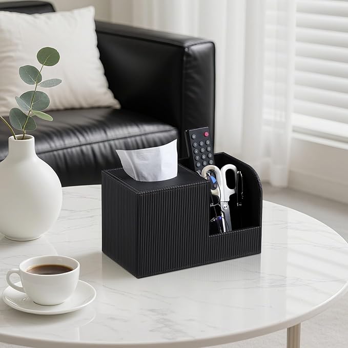 Square Tissue Box Cover with 2 Compartments Storage Organizer, PU Leather Tissue Box Holder with Remote Control Holder for Livingroom Nightstand, Multifunctional Cube Tissue Holder (Black)