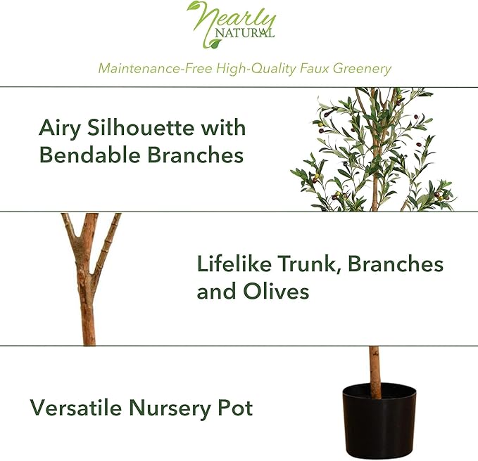 Nearly Natural 5FT Tall Silk Faux Olive Tree for Home and Office Decor, Fake Potted Tree with Natural Wood Trunk, Realistic Branches and Lifelike Fruits