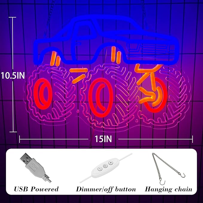 Monster Truck Neon Sign for Boys Room, Playroom Wall Decor, Trendy Teen Room Decorations, Party and Birthday Gift Idea, Night Light with USB Powered Dimmable Switch, 15 x 10.5 in