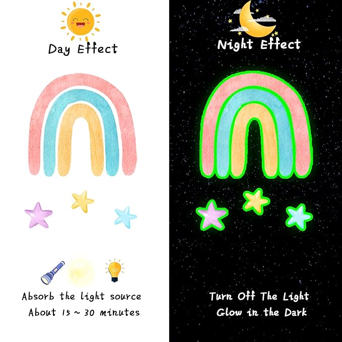 Epakh Rainbow Wall Decor Stickers Small Rainbow Decal Watercolor Heart Star Sun Wall Stickers Decor for Girls Boys Baby Bedroom Nursery(Luminous Green)