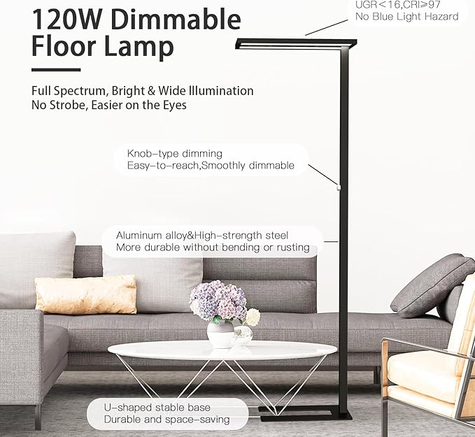 STERREN Eye-Care Led Floor Lamp,76" Tall Office Floor Lamp, 120W Black Modern Free-Standing Lamp, 9100LM Bright Reading Lamp for Study Room,Living Room,Meeting Room,4000K