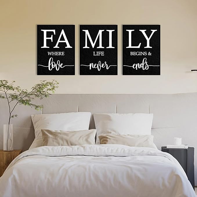 Family Where Life Begins And Love Never Ends Wall Art: 3 Piece Family Quotes Wall Art Prints Framed 12"x16",Love Signs Wall Decor Above Bed,Farmhouse Wall Decor for Living Room Dining Room